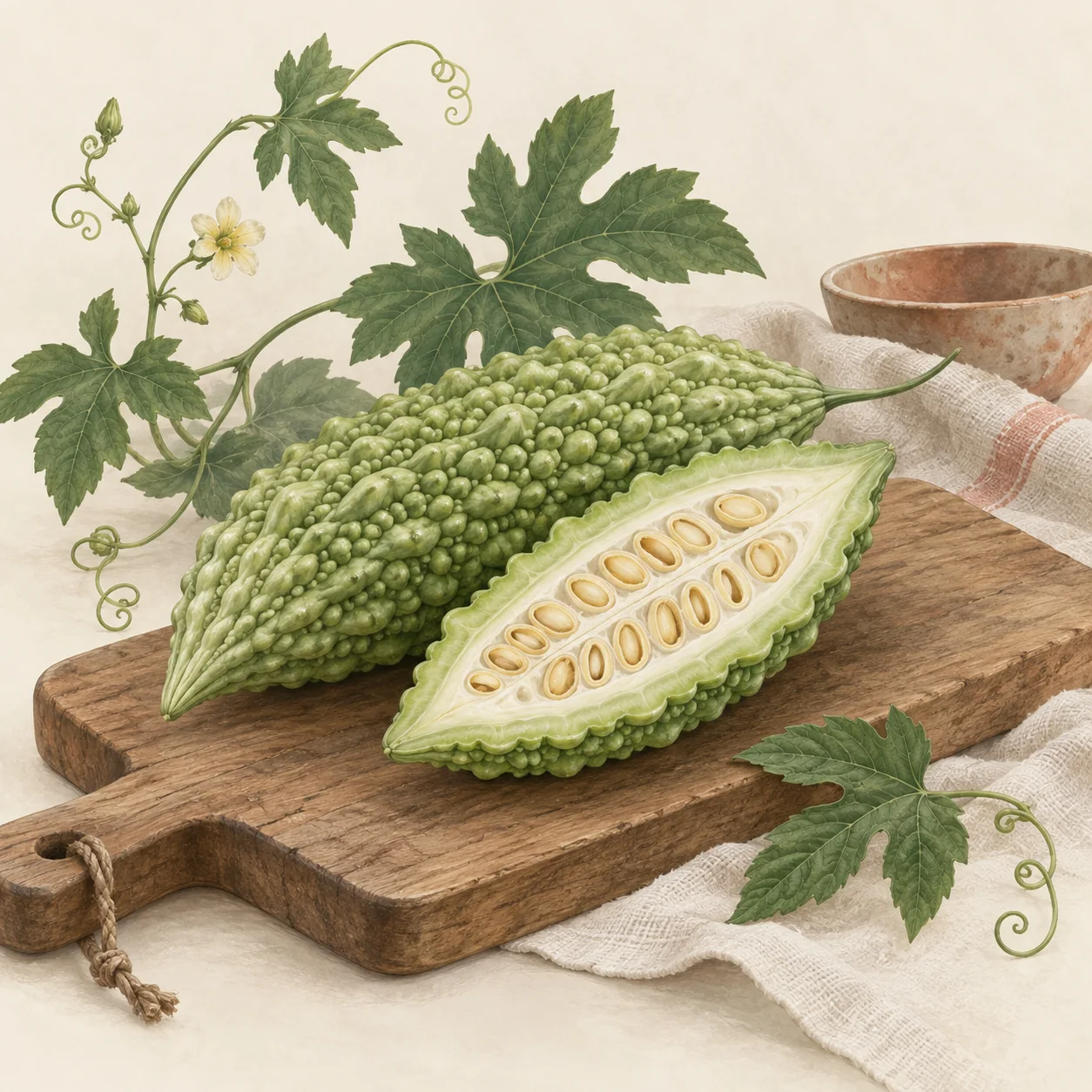 A bumpy pale-green bitter melon sliced open on a cutting board