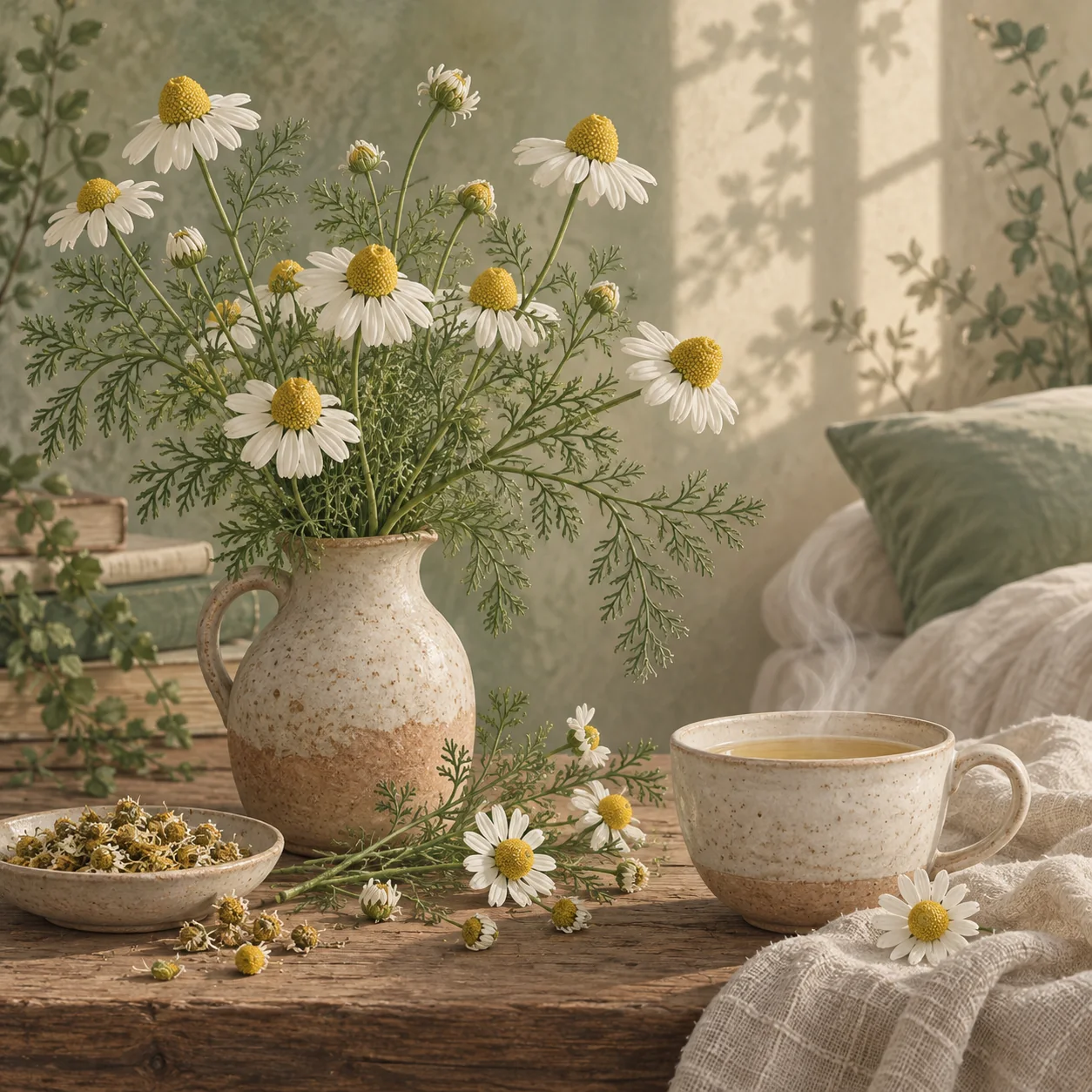 Small white daisy-like chamomile flowers with yellow centers