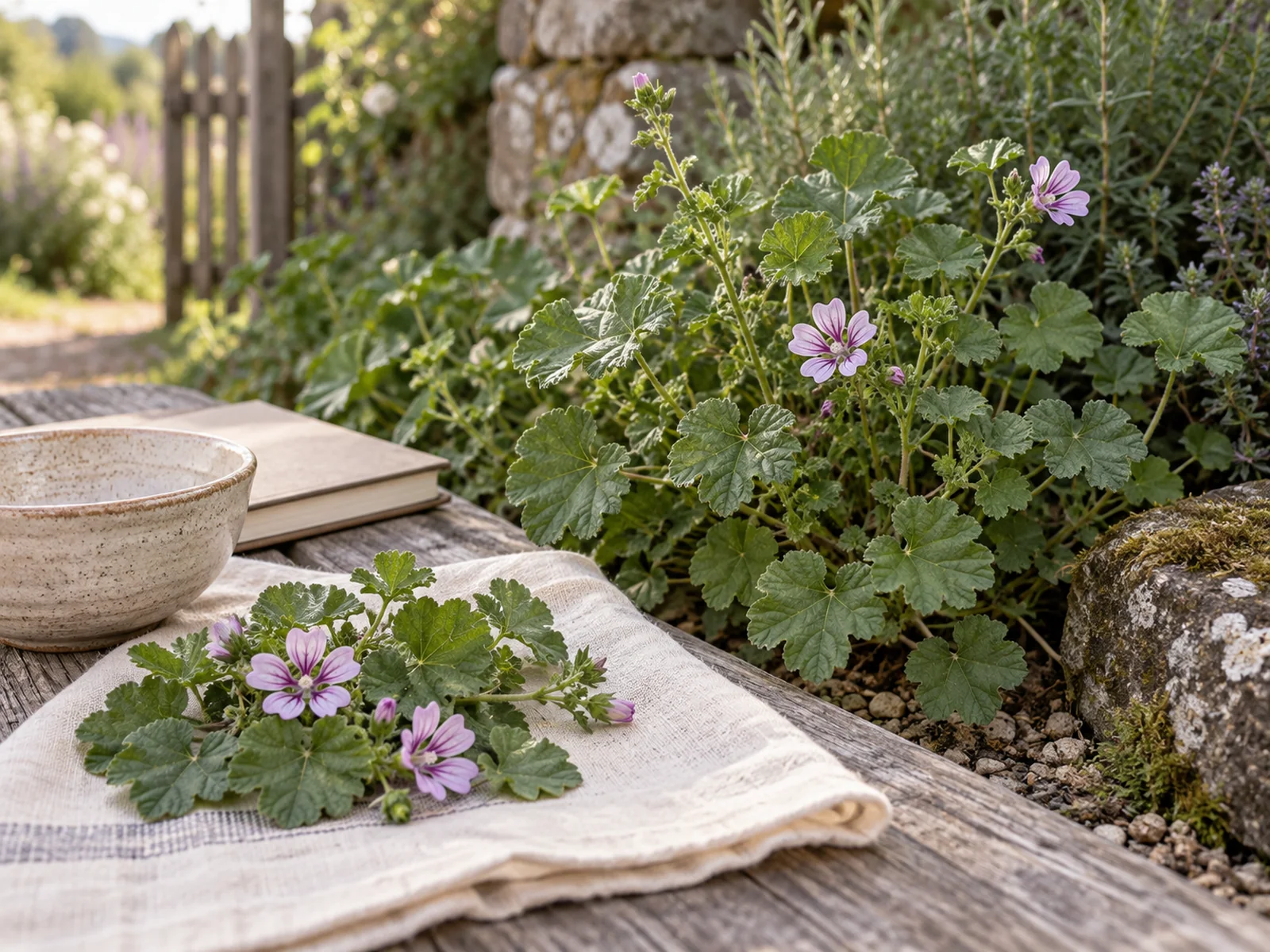 Common mallow (Malva neglecta) with pale purple flowers and lobed leaves