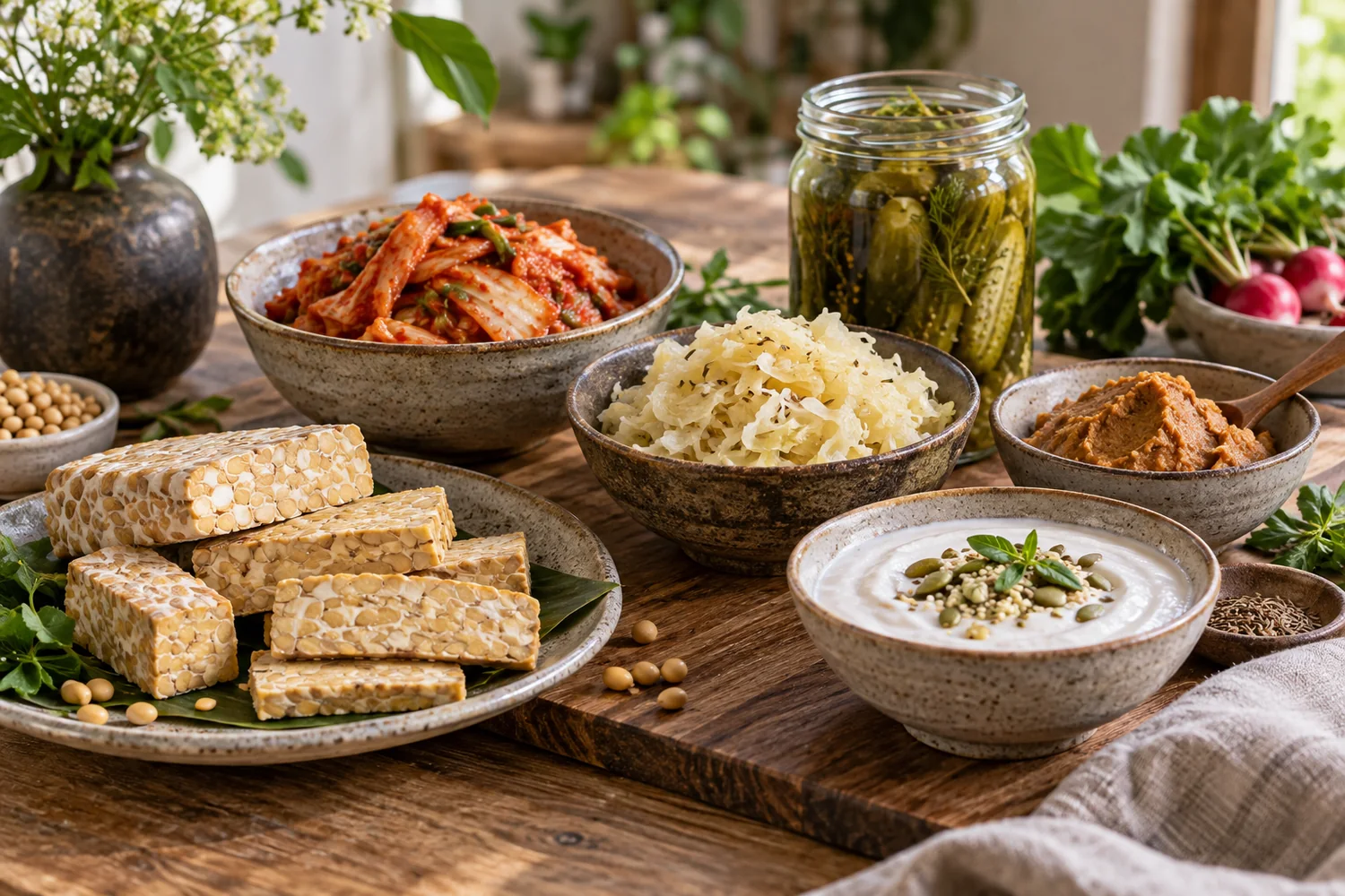 A spread of fermented foods including kimchi, sauerkraut, and kefir