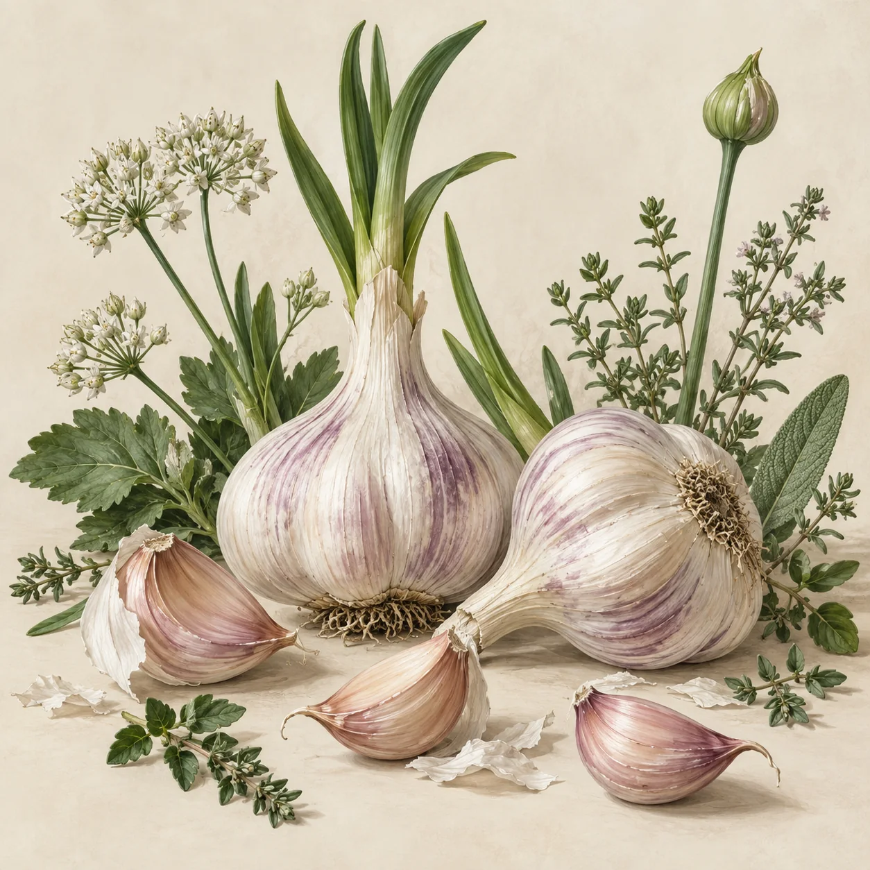 A whole garlic bulb with one clove separated and peeled