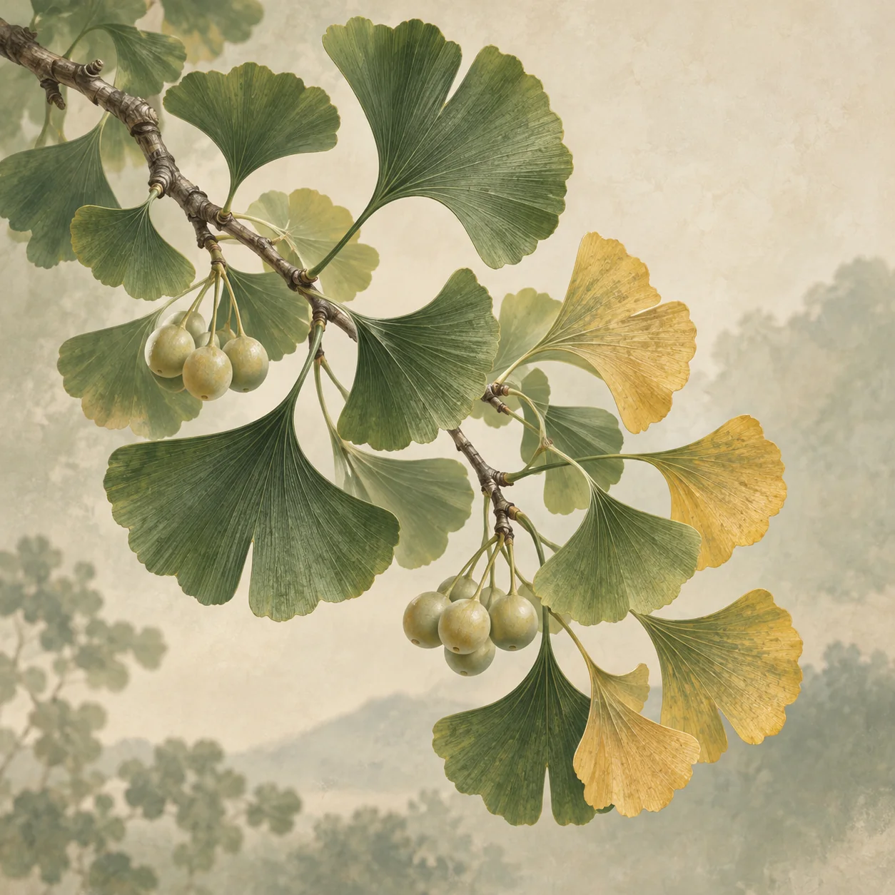 Fan-shaped golden-green ginkgo leaves scattered on a cream surface