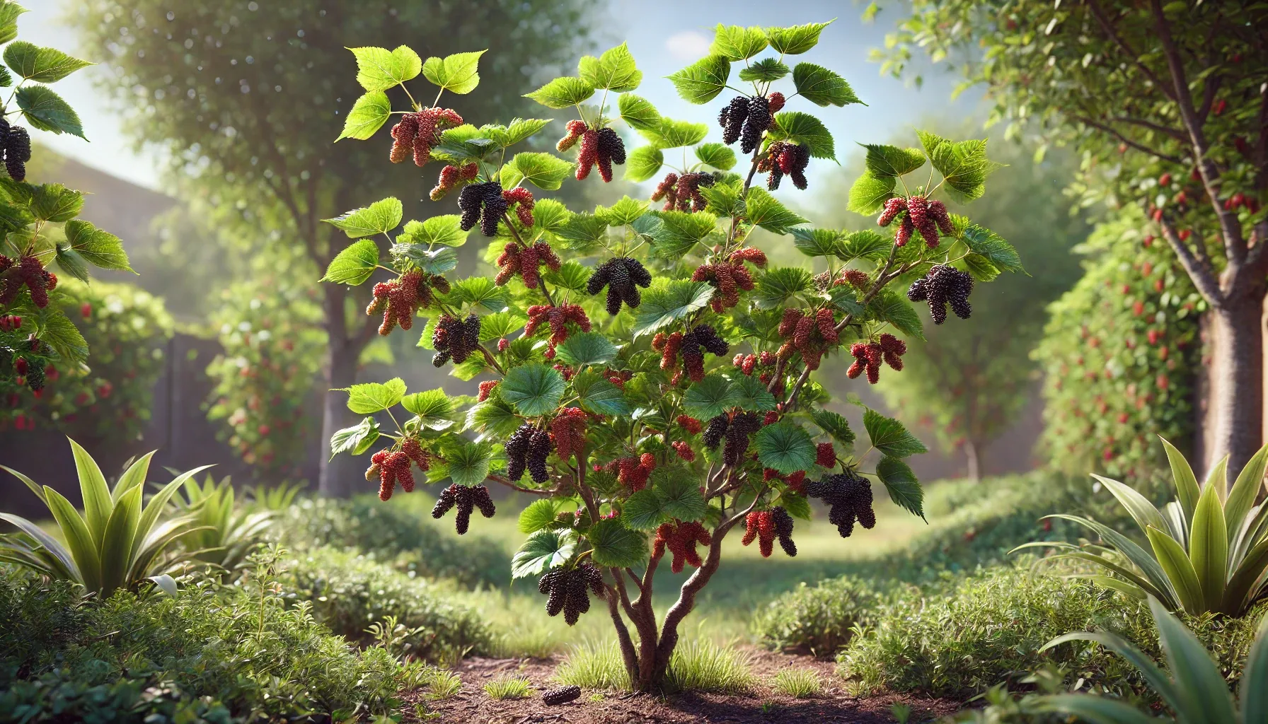 Green mulberry leaves growing on a mulberry bush