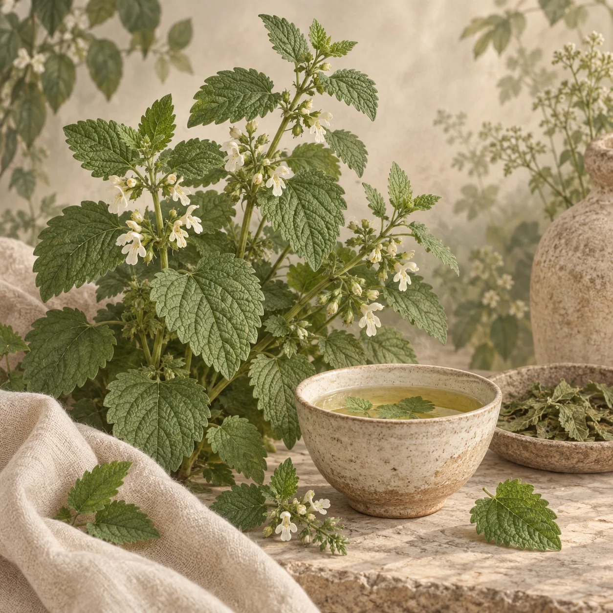 Bright green crinkled lemon balm leaves floating in a glass teacup