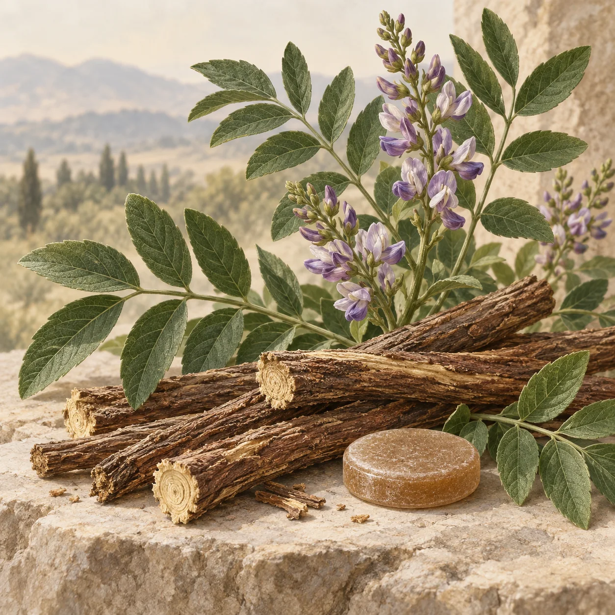Long fibrous tan licorice root pieces beside a chewable tablet