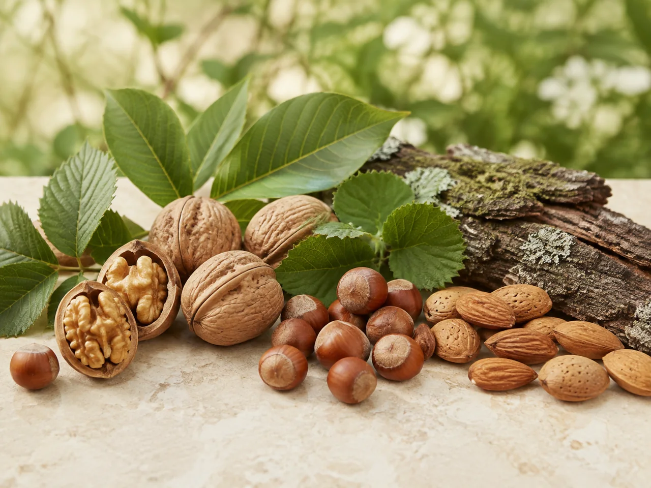 Walnuts, hazelnuts, almonds, tree leaves and bark