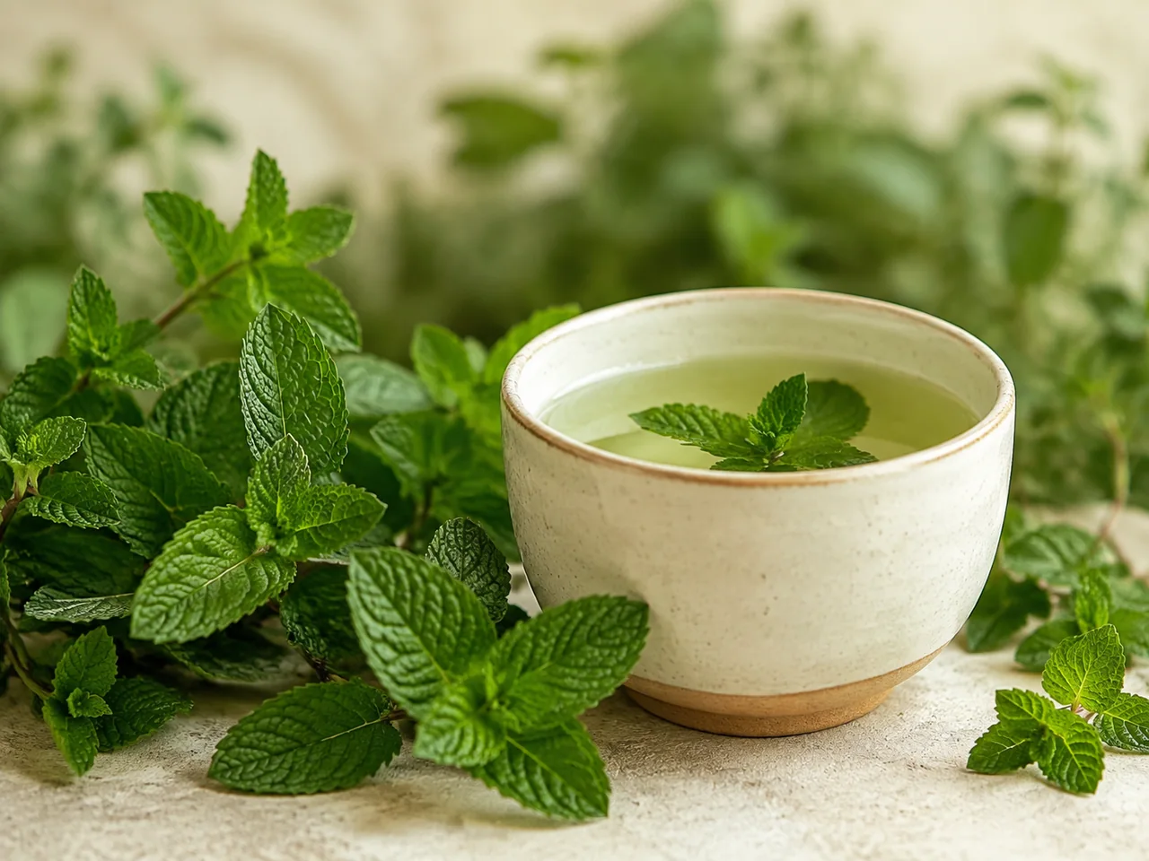 Peppermint leaves and a ceramic cup of herbal tea
