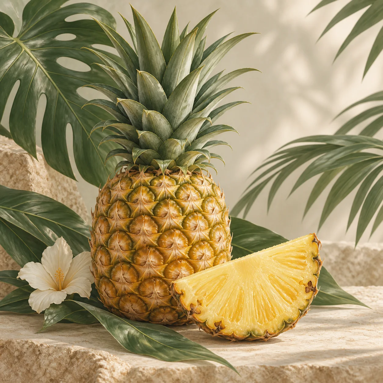 A whole pineapple beside a glass jar of fizzy tepache