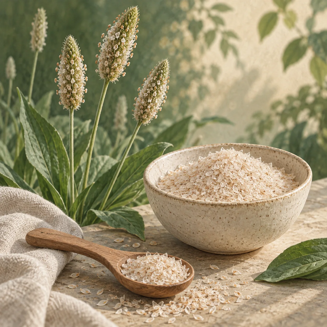 A wooden spoon of pale beige psyllium husk powder beside a glass of water