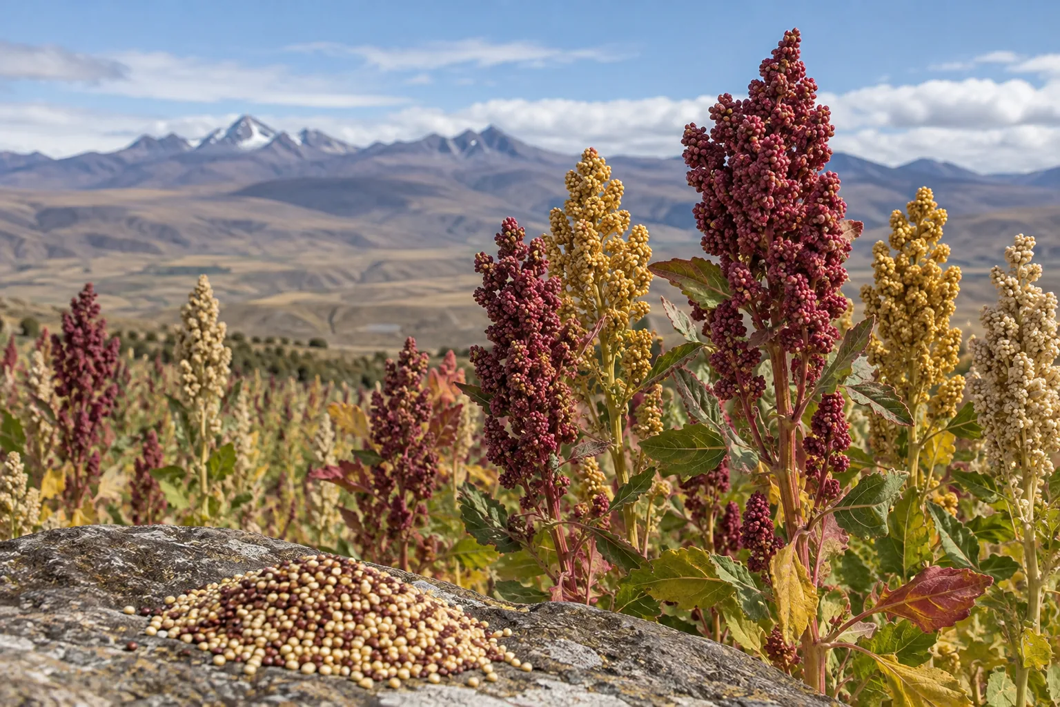 Red, gold and cream quinoa panicles growing in the Andean highlands