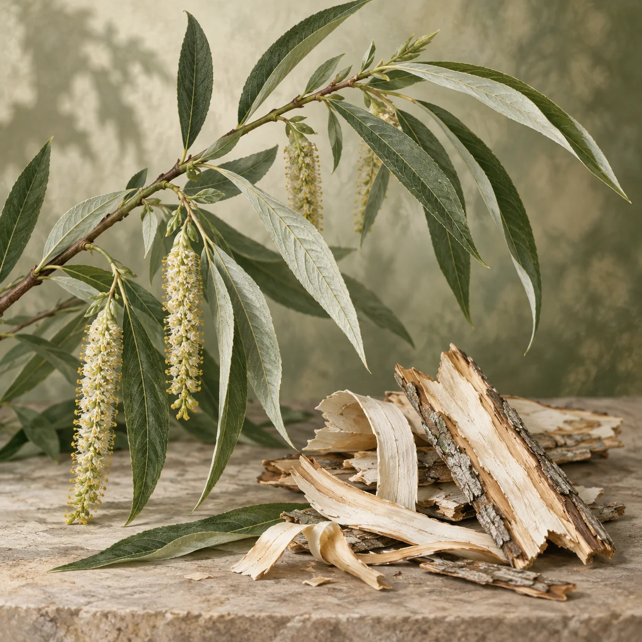 Strips of grey-brown willow bark beside slender willow leaves