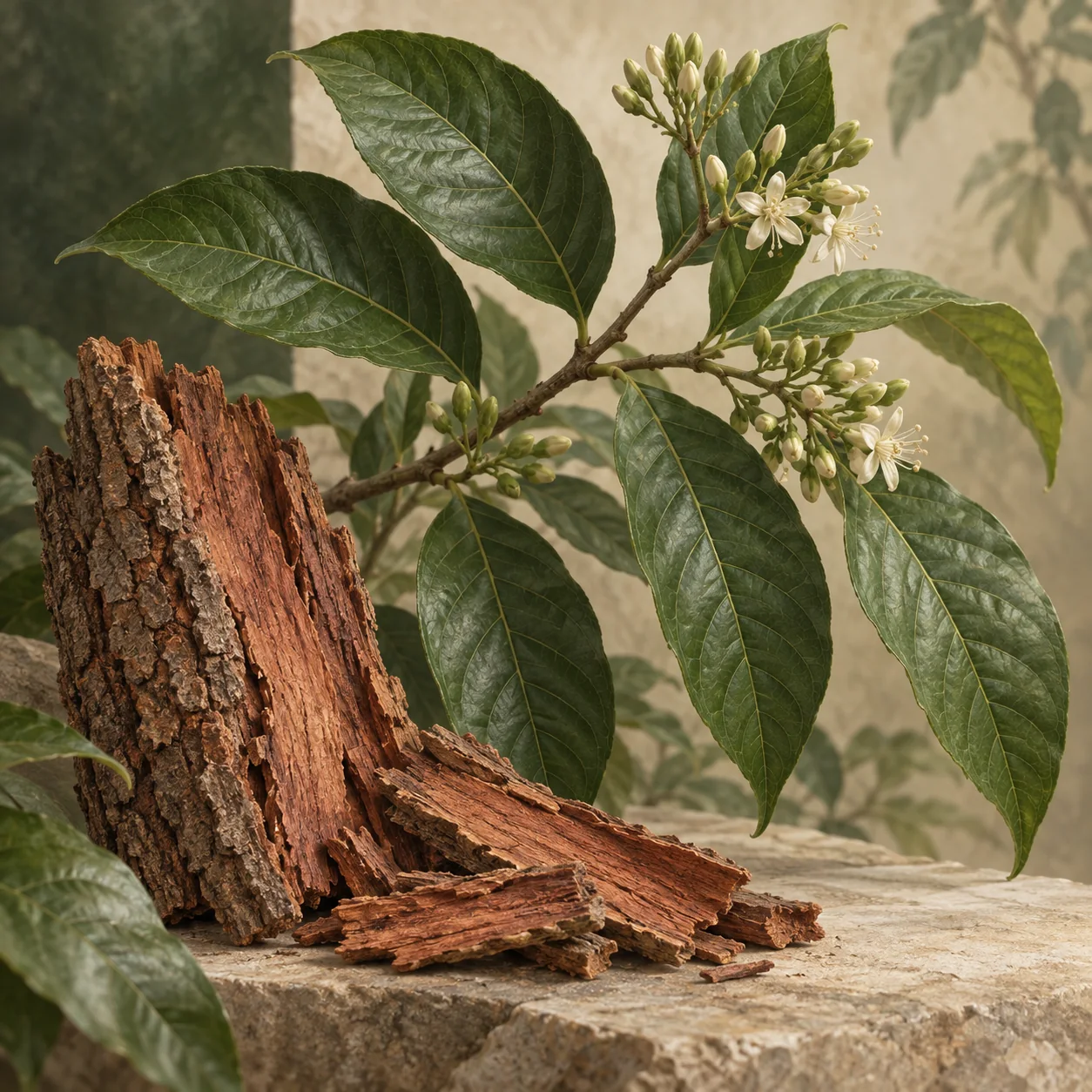 Rough reddish-brown bark strips on a dark wood surface